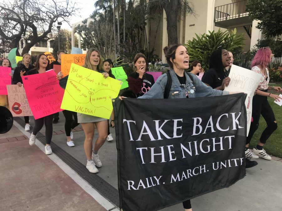 Womyn%E2%80%99s+Outreach+Association+President+Shelby+Rodich+led+the+Take+Back+the+Night+march+on+campus.