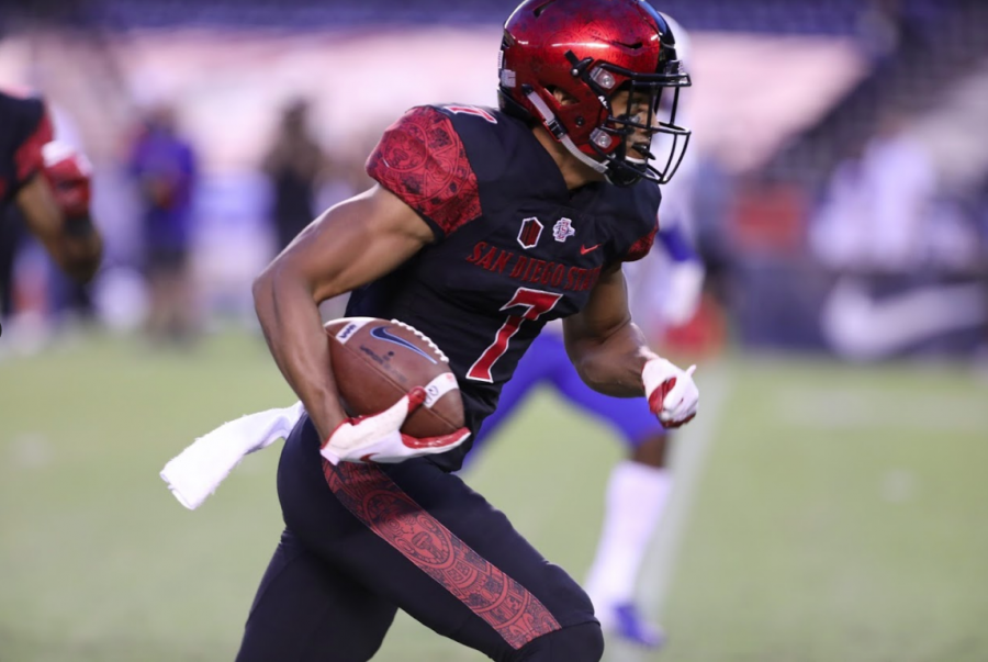 Fred Trevillion runs after a catch during  the Aztecs 21-17 victory over Air Force on Oct. 12, 2018 at SDCCU Stadium.