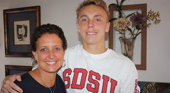 SDSU Director of Development Technology Tammy Blackburn (left) and Cameron McCullough, the first student recipient of the Courage Through Cancer fund.