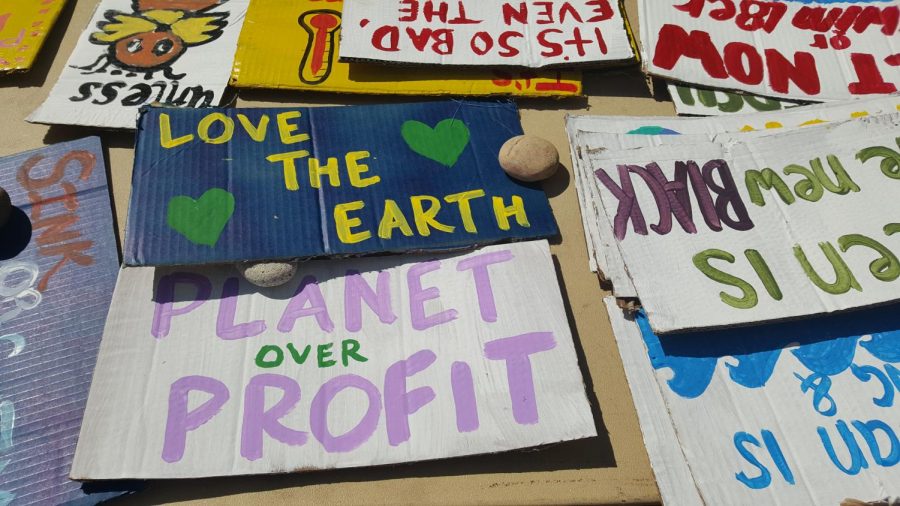 Planet over Profit and other slogans covered the signs students would use for the climate strike.