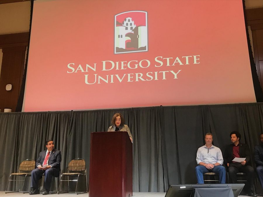 SDSU President Adela de la Torre speaks about the universitys long-term vision at the Strategic Planning Team kickoff event.