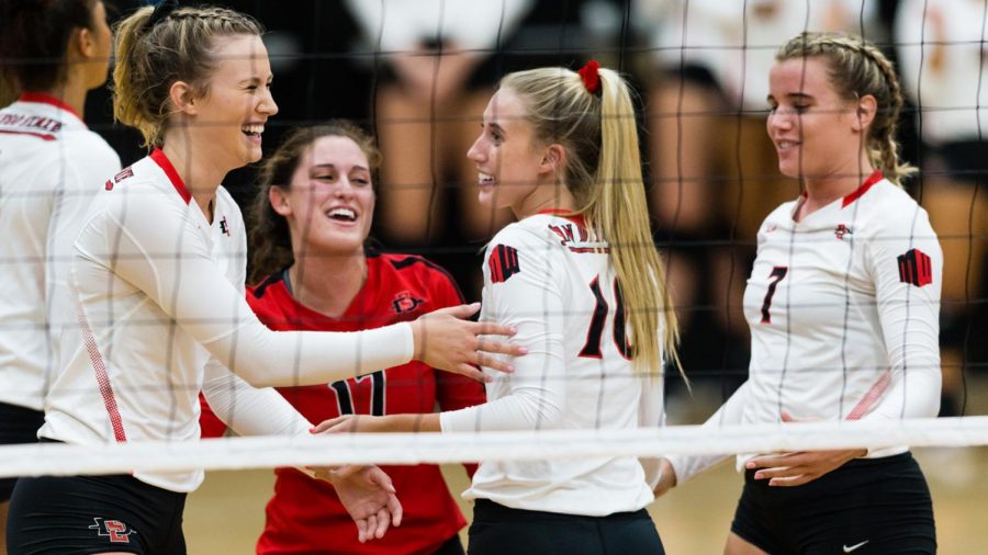 Junior+setter+Camryn+Machado+celebrates+with+her+teammates+after+winning+a+point.