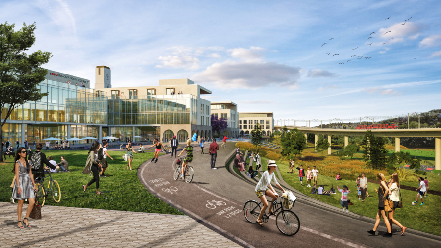 Rendering of the proposed SDSU West river park and bike trail. 