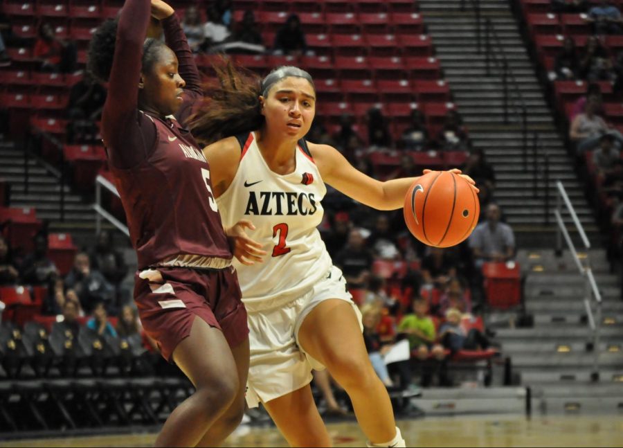 Sophomore+guard+Sophia+Ramos+attempts+to+shrug+off+the+Alabama+A%26M+defender+during+the+Aztecs+61-53+loss+on+Nov.+14+at+Viejas+Arena.