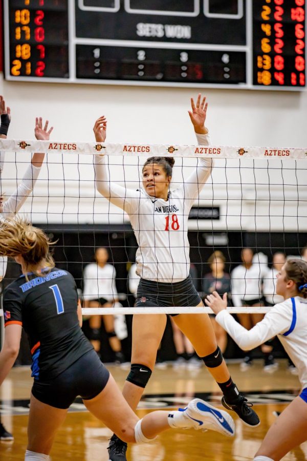 Senior+middle+blocker+Tamia+Reeves+attempts+to+block+a+spike+in+the+Aztecs+3-2+loss+to+Boise+State+on+Oct.+24+at+Peterson+Gym.