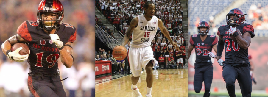 (Left to right) Donnel Pumphrey Jr. played at San Diego State from 2013-16, Kawhi Leonard from 2009-11 and Rashaad Penny from 2014-17.