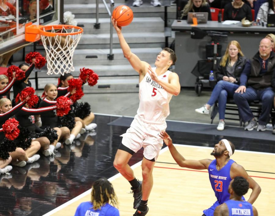 Senior forward Yanni Wetzell lays the ball in during the Aztecs 83-65 win over Boise State.