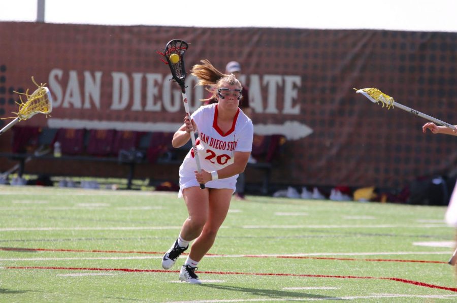 Freshman attacker  Camdyn O’ Donnell looks to score during the Aztecs 19-18 win over Arizona State on Feb. 21. O’ Donnell also scored the game-winning goal in the closing seconds to defeat the Sun Devils.