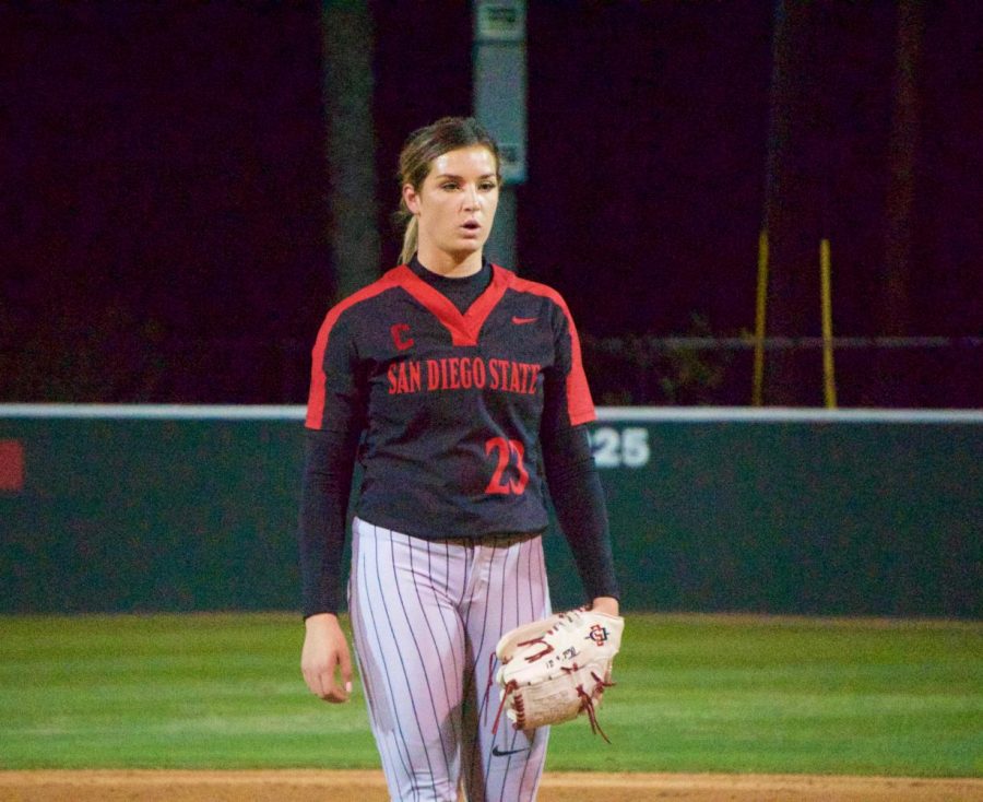 Junior pitcher Maggie Balint gets ready to throw her next pitcher during the Aztecs 3-0 loss to BYU on Feb. 13 at SDSU Softball Stadium.