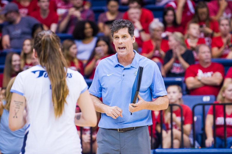 USD then-head volleyball coach Brent Hilliard instructs one of his players during his tenure with the Toreros.