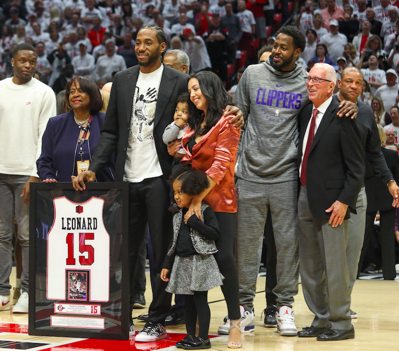 Kawhi Leonard is honored as the only Aztec to have his jersey retired in the history of SDSU during halftime of the Aztecs 80-68. Leonard shared this moment with former SDSU coach Steve Fisher and many other from the Clippers organization.