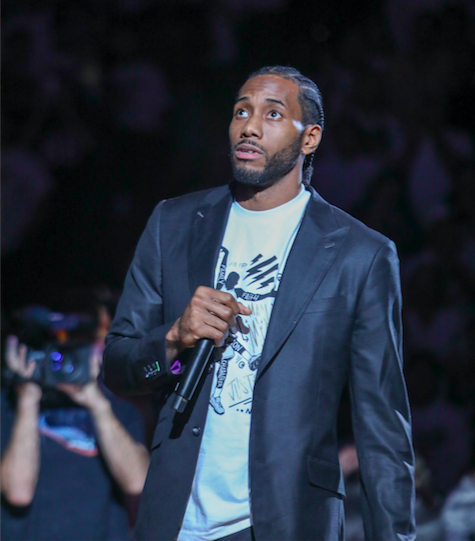 Kawhi Leonard takes the mic to give his speech following his jersey being hung up in the rafters at Viejas Arena on Feb. 1.