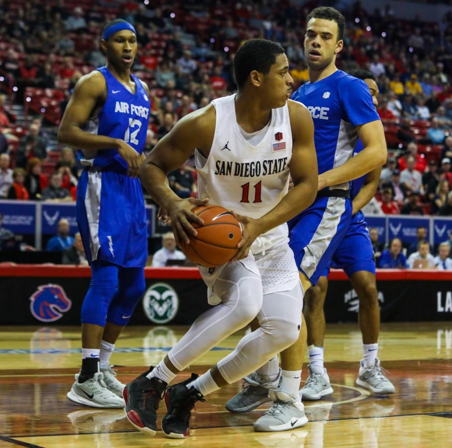 Junior forward Matt Mitchell looks to pass the ball during the Aztecs’ 73-60 win over Air Force at Thomas and Mack Center on March 5.