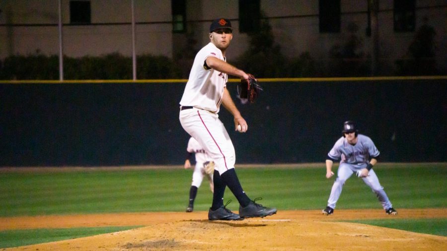 Sophomore pitcher Brian Leonhardt looks to throw a strike during the Aztecs 7-2 win over Long Beach State on March 4 at Tony Gwynn Stadium. Leonhardt pitched four shutout innings and went 2-for-4 from the plate.