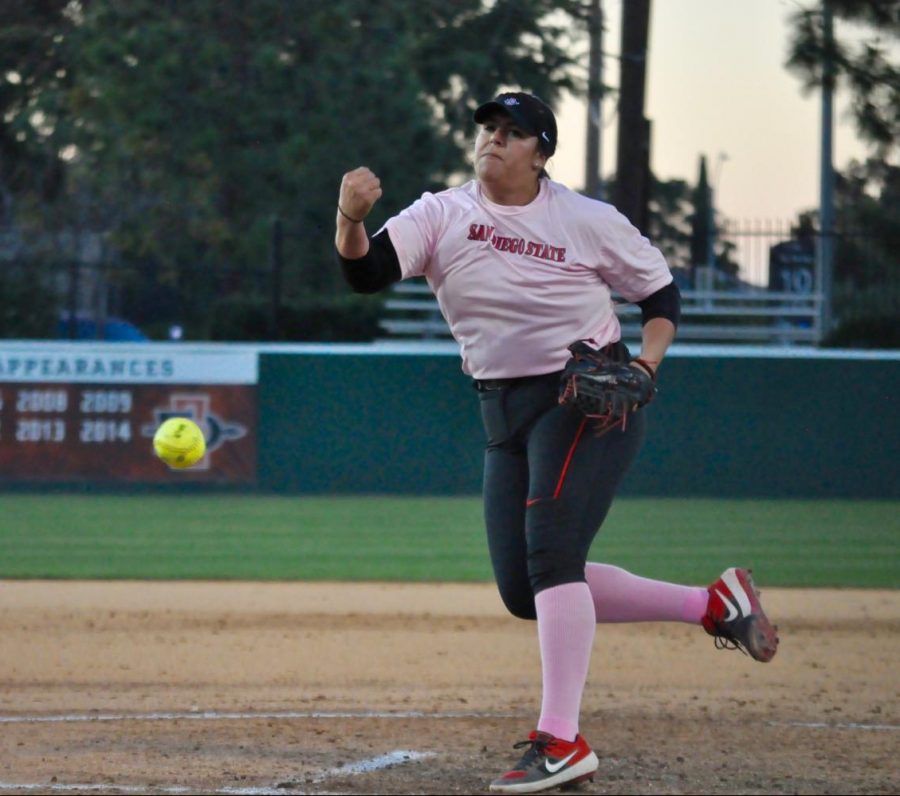Senior pitcher Marissa Moreno pitches the ball during the Aztecs' 3-2 victory against Cal State Fullerton on Feb. 14 at SDSU Softball Stadium.