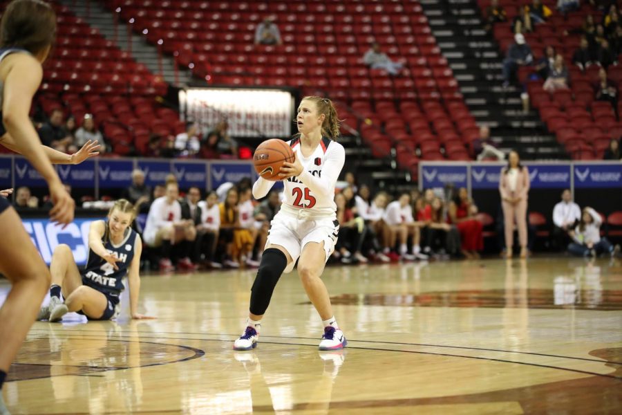 Senior guard Taylor Kalmer looks to pull up for a jumper during the Aztecs against Utah State on March 1 in the first round of the 2020 Mountain West Championships in Thomas and Mack Center in Las Vegas.