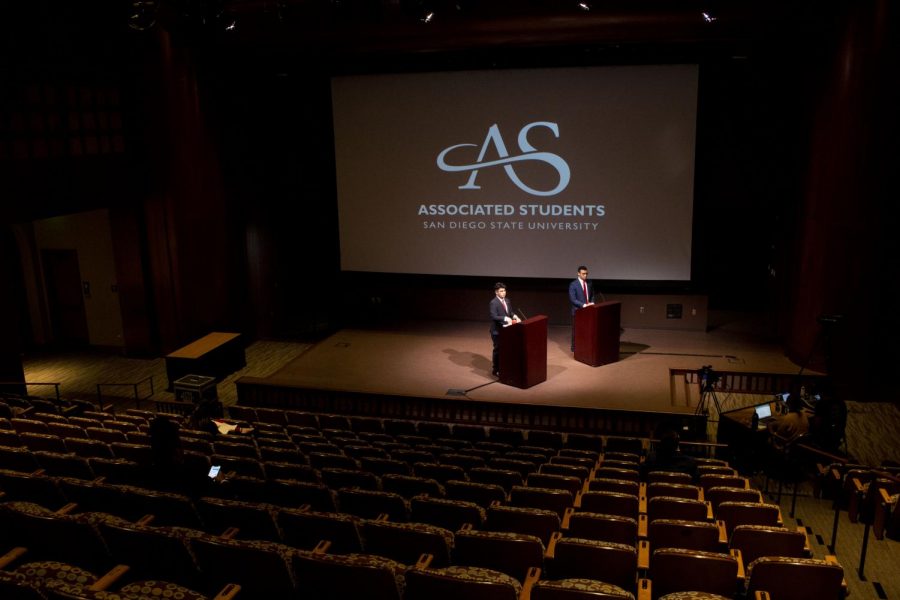 A.S. vice president of financial affairs candidates Victor Penera (left) and David Gamble (right) debated in an empty theatre on Wednesday, March 18. The debate set-up was decided in an effort to follow social distancing regulations.
