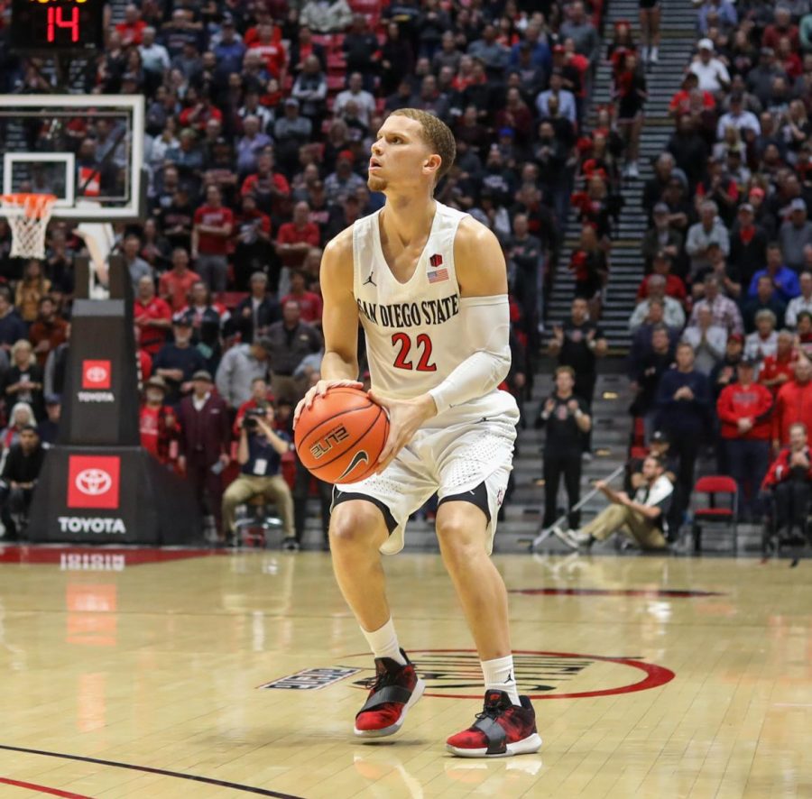 Junior+guard+Malachi+Flynn+prepares+to+shoot+the+ball+during+the+Aztecs+72-55+win+over+Wyoming+on+Jan.+21+at+Viejas+Arena.
