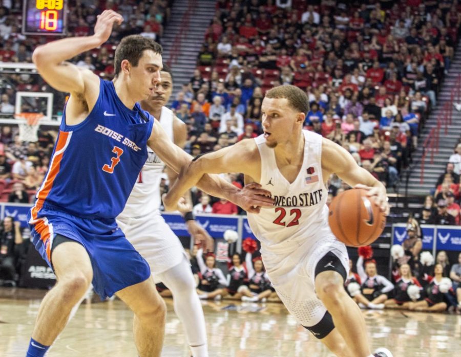 Junior+guard+Malachi+Flynn+drives+left+during+the+Aztecs+81-68+victory+over+Boise+State+in+the+Mountain+West+tournament+semifinal+on+March+6+at+the+Thomas+and+Mack+Center+in+Las+Vegas.