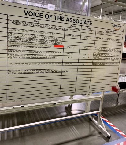 Inside the warehouse, Amazon associates could voice their opinion on the Voice of the Associate whiteboard. Comments seen here include "Safety is not Amazon's #1 priority or it would be fixed" and "Please be transparent about the # of Covid cases!!!"