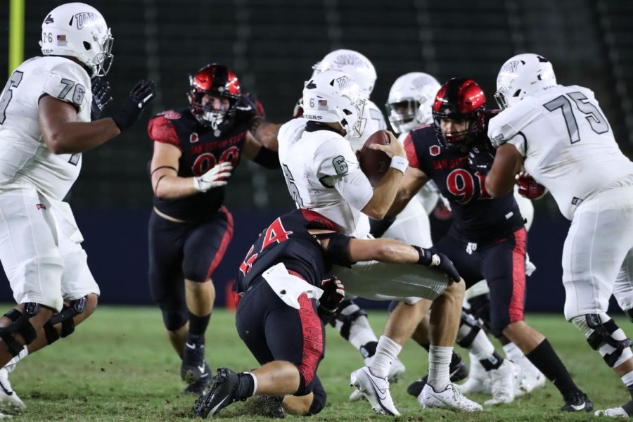 Junior linebacker Caden McDonald sacks UNLV quarterback in the Aztecs 34-6 win over the Runnin Rebels on Oct. 25 at Dignity Health Sports Park in Carson, Calif. The sack was one of McDonalds 2.5 on the night.