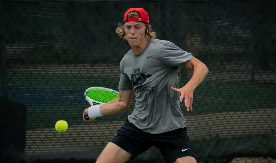 San Diego State mens tennis freshman Judson Blair swings at a ball during the Oracle Intercollegiate Tennis Association Masters On Oct. 9-11 at the Barnes Tennis Court in San Diego.