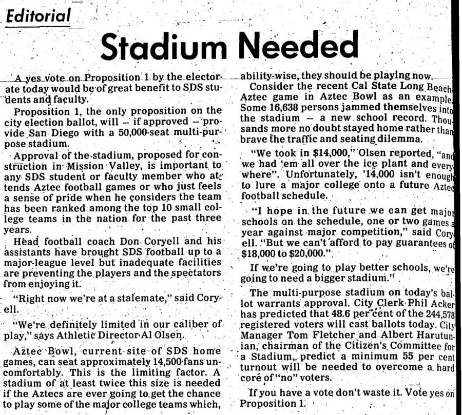 On Nov. 2, 1965, The Daily Aztec's Editorial Board wrote in support of Proposition 1, which empowered the city of San Diego to build a stadium in Mission Valley. 