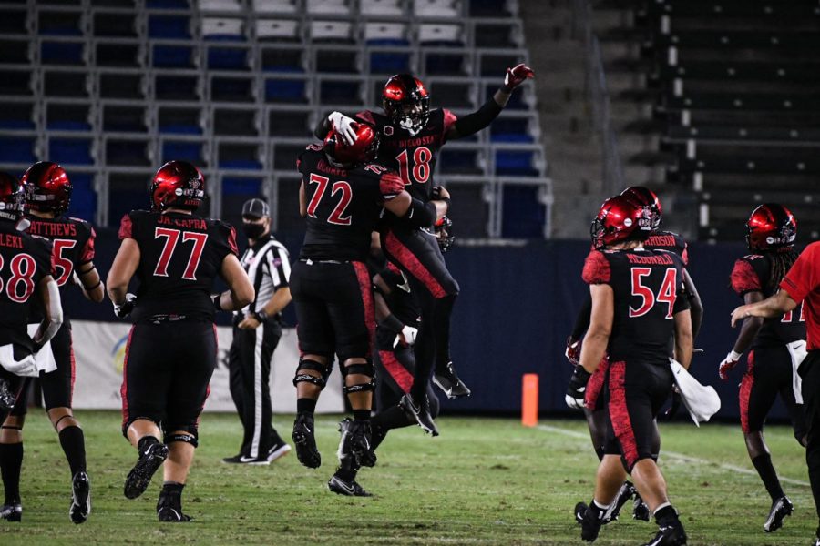 Senior safety Trenton Thompson (#18) celebrates with his teammates after blocking a punt during the Aztecs' 34-6 win over UNLV on Oct. 24 at Dignity Health Sports Park in Carson, Calif.