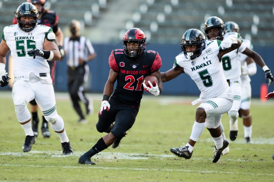 Junior running back Chance Bell breaks into the Hawaii secondary during the Aztecs’ 34-10 win over the Rainbow Warriors on Nov. 14 at Dignity Health Sports Park in Carson, Calif.