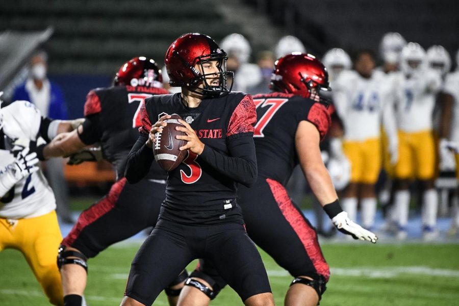 Sophomore quarterback Carson Baker drops back and prepares to throw a pass during the Aztecs 28-17 loss to San José State on Nov. 6 at Dignity Health Sports Park in Carson, Calif.