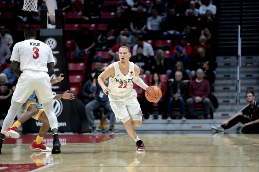 Then-junior guard Malachi Flynn dribbles upcourt during the Aztecs 81-64 win over Long Island on Nov. 22 at Viejas Arena.