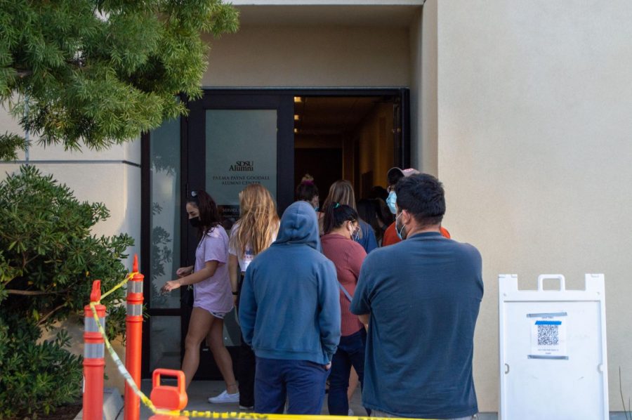 San Diego County residents and SDSU students wait in line to get tested at the county-operated COVID-19 testing center at the Parma Payne Goodall Alumni Center on Nov. 18. 