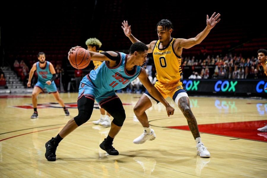 Senior forward Matt Mitchell faces UC Irvine sophomore forward JC Butler during the Aztecs 77-58 win over the Anteaters on Nov. 27 at Viejas Arena.