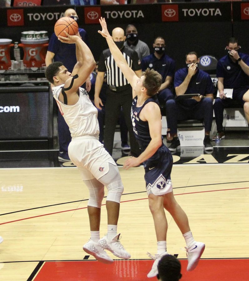 Senior forward Matt Mitchell attempts a fadeaway jumper during the Aztecs 72-62 loss to Brigham Young on Dec. 18 at Viejas Arena. Mitchell scored a career-high 35 points in the losing effort.