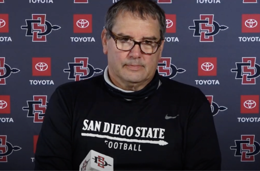 San Diego State football head coach Brady Hoke speaks in front of the media during a press conference on 
Dec. 16 — the beginning of the early National Signing Day period.