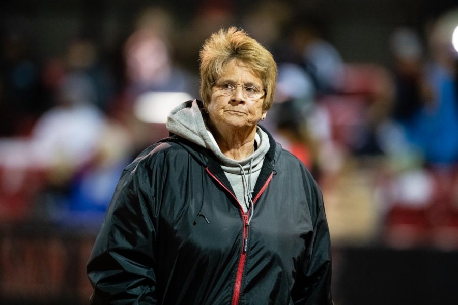 San Diego State softball head coach Kathy Van Wyk looks onto the field during the Aztecs 3-0 loss to Brigham Young on Feb. 13, 2020 at the SDSU Softball Stadium.