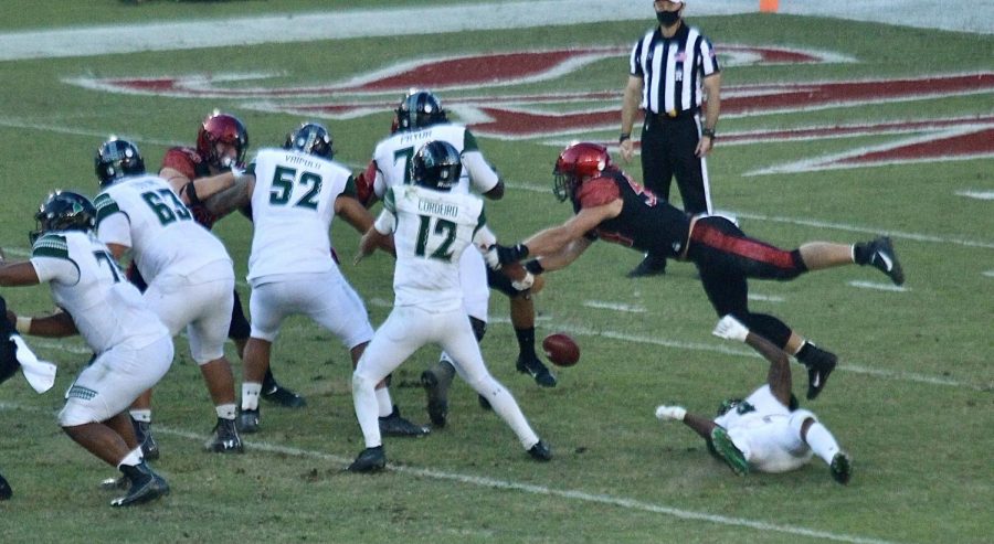 Senior linebacker Caden McDonald forces a strip sack against Hawaii sophomore quarterback Chevan Cordeiro during the Aztecs 34-10 win over the Rainbow Warriors on Nov. 14, 2020 at Dignity Health Sports Park in Carson, Calif.