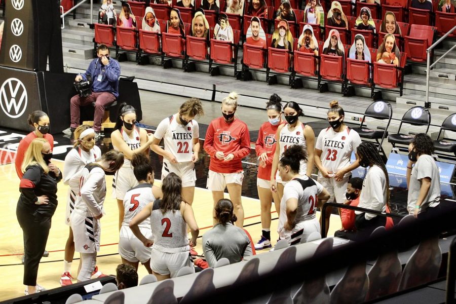 The San Diego State women's basketball team huddles around head coach Stacie Terry-Hutson during the Aztecs' 75-71 loss to Cal Baptist on Dec. 2, 2020 at Viejas Arena.