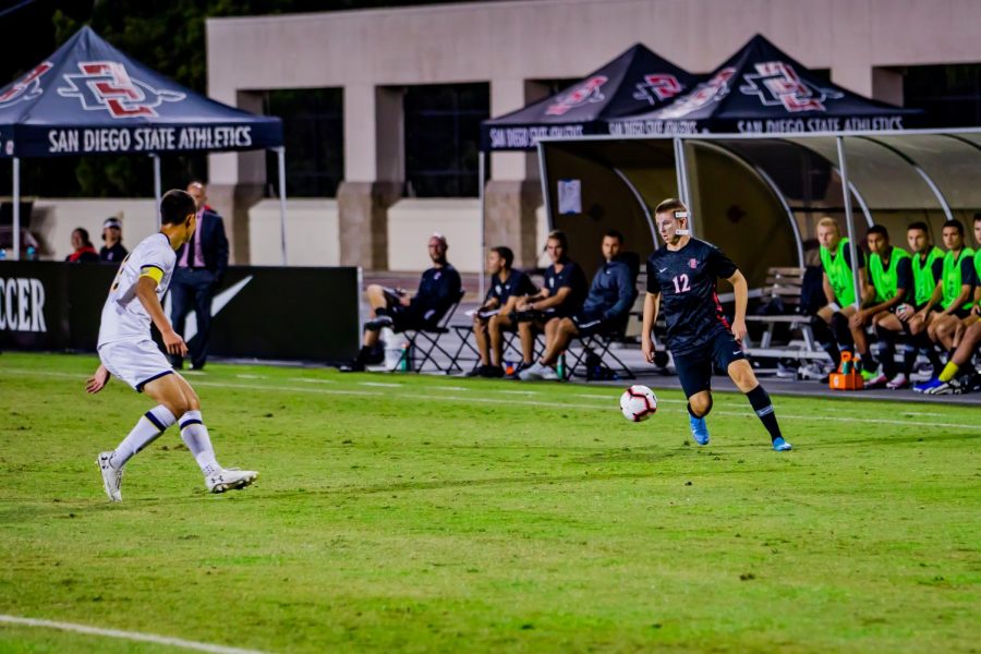 Then-freshman forward Hunter George dribbles down the wing during the Aztecs 4-0 loss to California on Oct. 10, 2019 at the SDSU Sports Deck.
