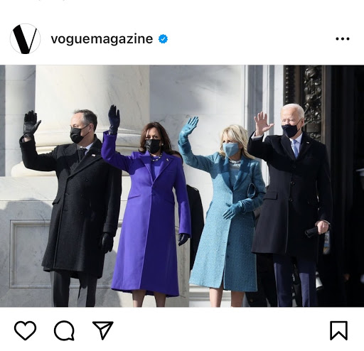 Screenshot of First Lady Dr. Jill Biden and Vice President Kamala Harris sporting their colorful monochrome looks, via Vogue Magazine on Instagram.