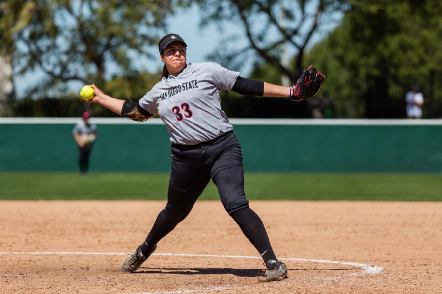 San Diego State softball then-junior pitcher Marissa Moreno fires a pitch during the Aztecs' 4-3 over New Mexico on March 17, 2019 at the SDSU Softball Stadium.