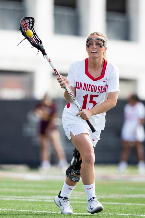 San+Diego+State+lacrosse+then-senior+midfielder+Taylor+Sullivan+carries+the+ball+during+the+Aztecs+19-18+win+over+the+Sun+Devils+on+Feb.+20%2C+2020+at+Aztec+Lacrosse+Field.