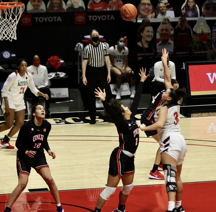 San Diego State womens basketball sophomore forward Mallory Adams attempts a shot with her right hand during the Aztecs 80-65 loss to UNLV on Feb. 15, 2021 at Viejas Arena.