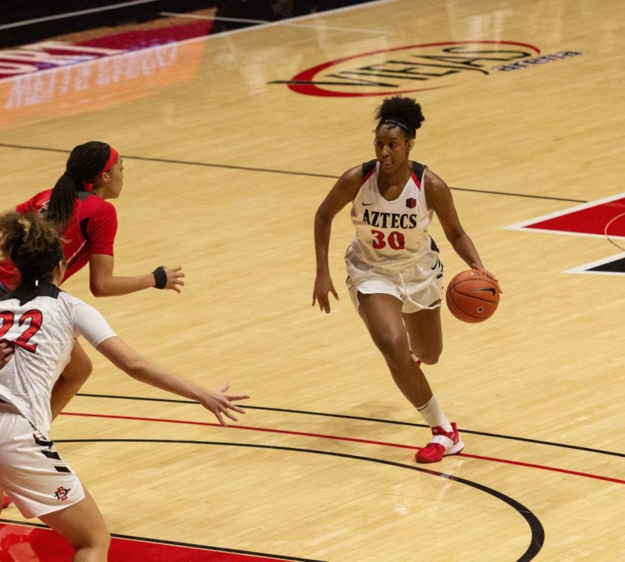 Junior forward Ivvana Murillo drives towards the basket during the Aztecs 84-48 loss to New Mexico on Feb. 3 at Viejas Arena.