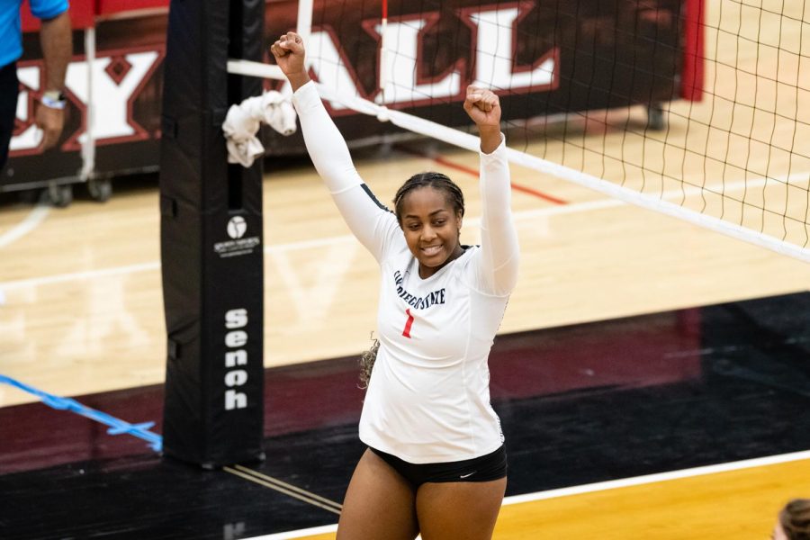 San Diego State volleyball sophomore outside hitter Nya Blair celebrates after a play during the Aztecs 3-1 loss to Fresno State on Feb. 12 at Peterson Gym.