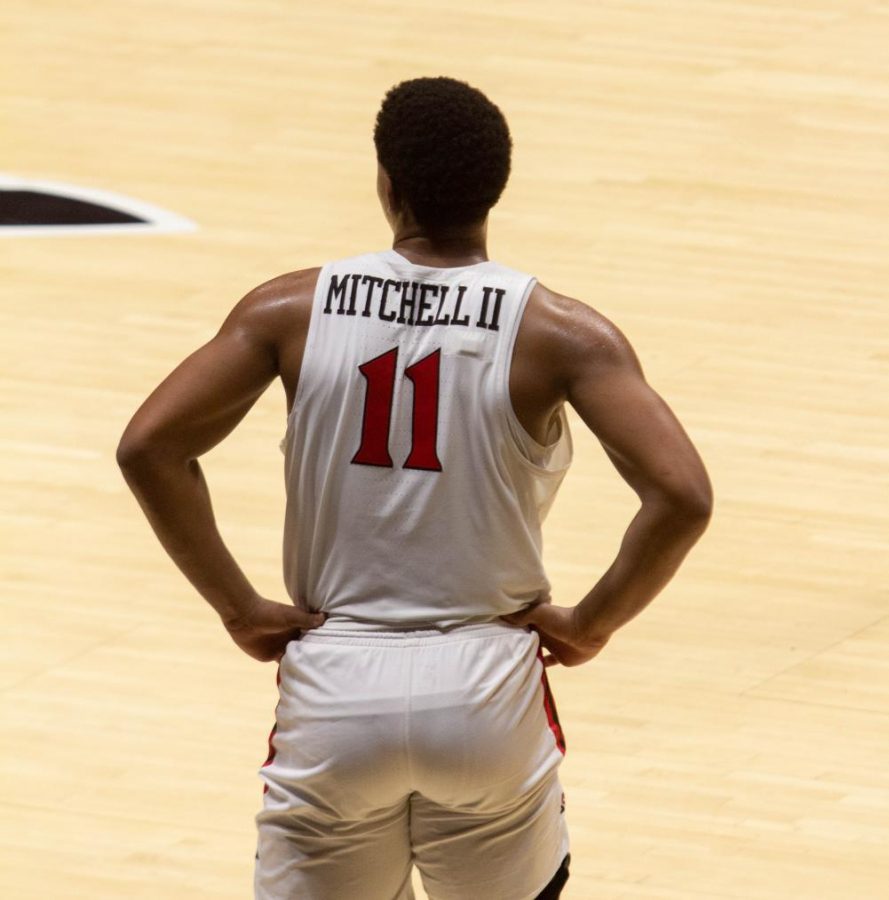 Senior forward Matt Mitchell looks on the court during the Aztecs 77-55 win over San José State on Feb. 10, 2021 at Viejas Arena.