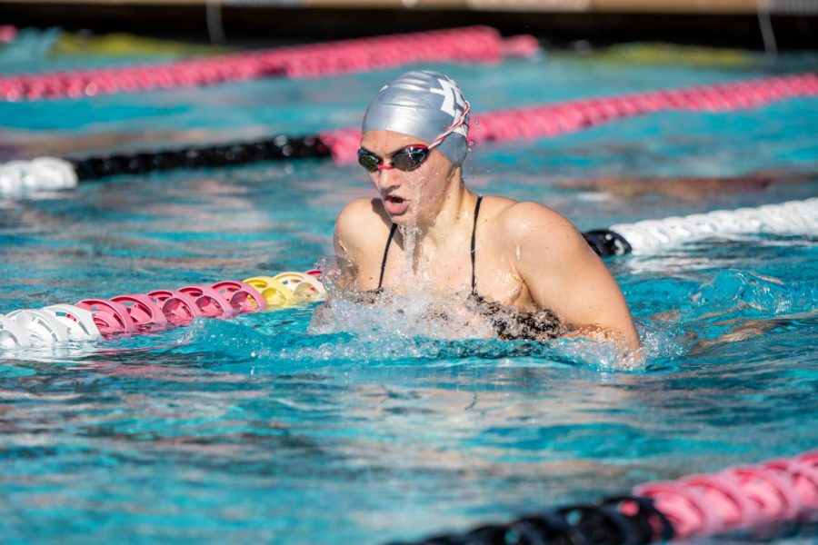San Diego State sophomore swimmer Evonne Stehr races during the 2020-21 season.
