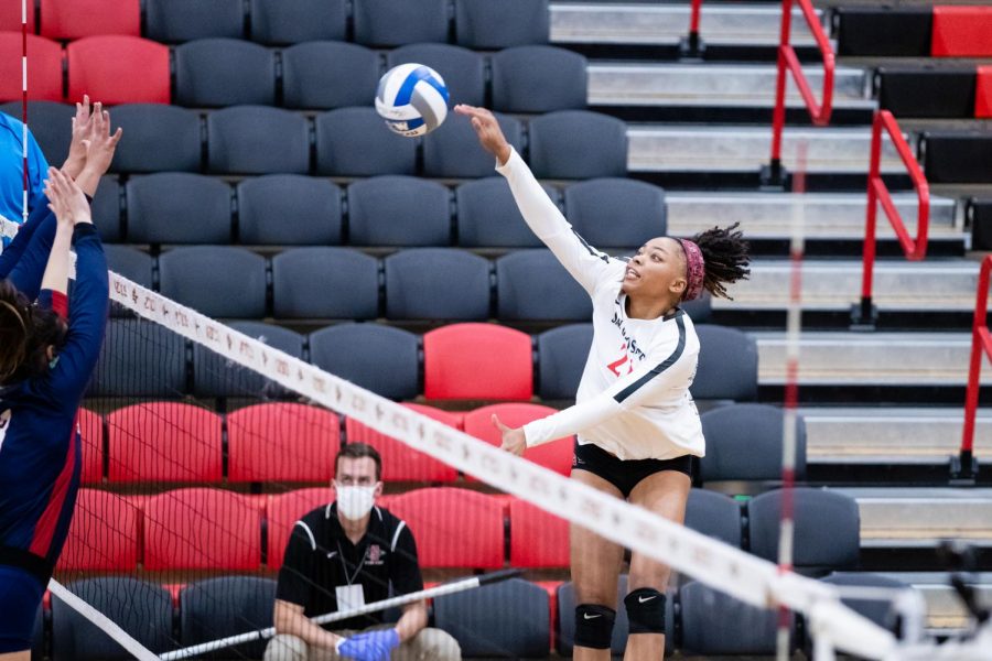 San Diego State volleyball junior outside hitter Victoria O'Sullivan spikes the ball during the Aztecs' 3-1 loss to Fresno State on Feb. 12 at Peterson Gym.