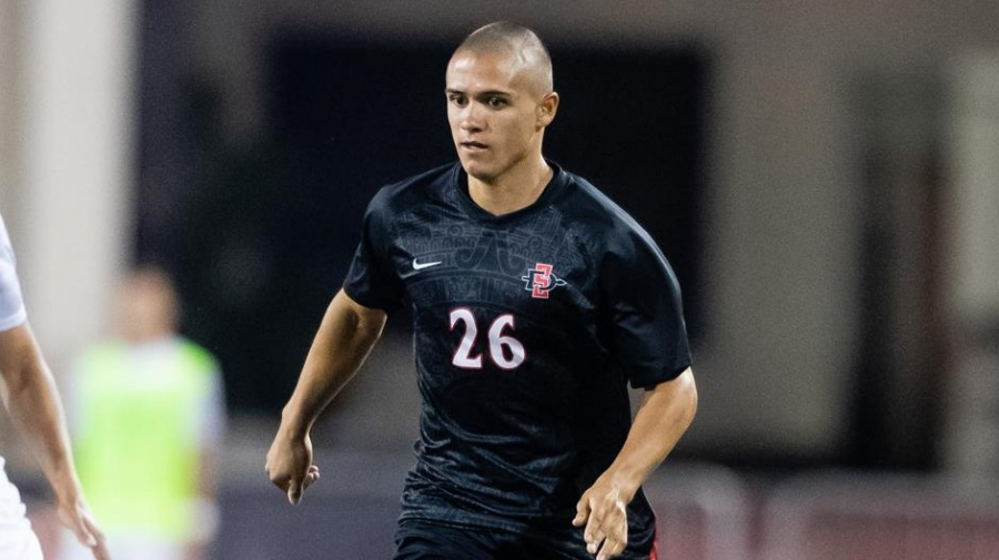 San Diego State mens soccer then-freshman midfielder Blake Bowen competes during a game in 2019.