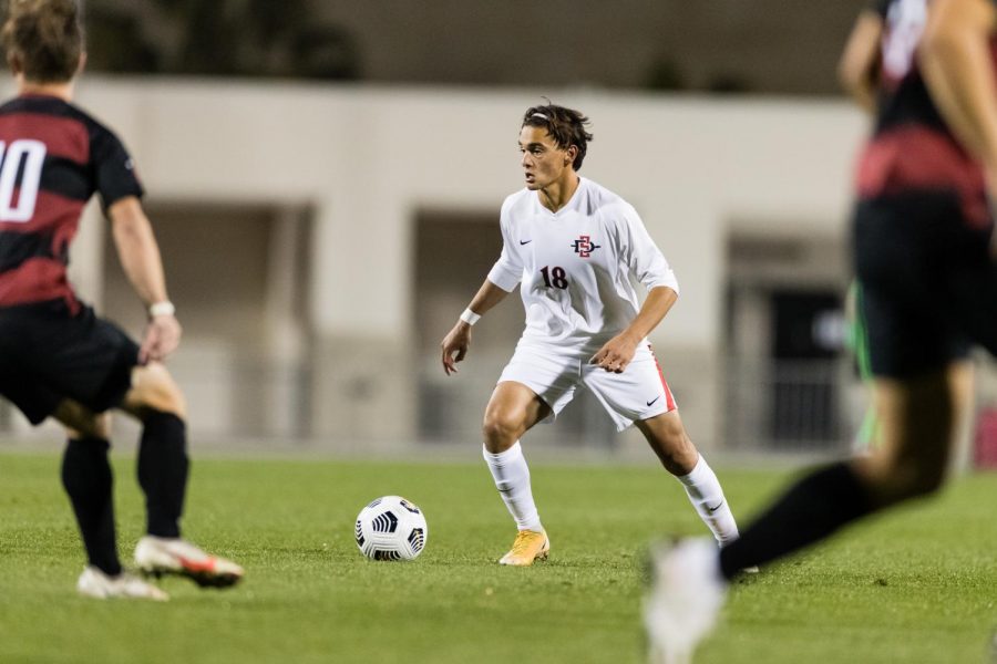 San Diego State mens soccer freshman midfielder Andrew Ochoa  controls the ball during the Aztecs 1-0 loss to the Cardinal on Feb. 27 at the SDSU Sports Deck.